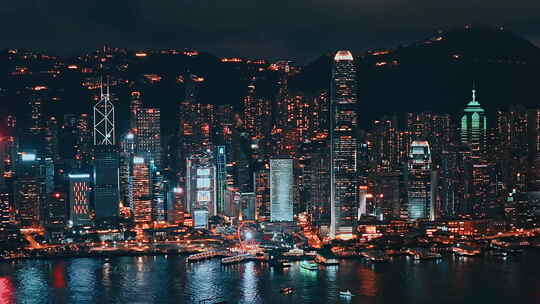 航拍香港城市夜景维多利亚港湾黑金科幻赛博