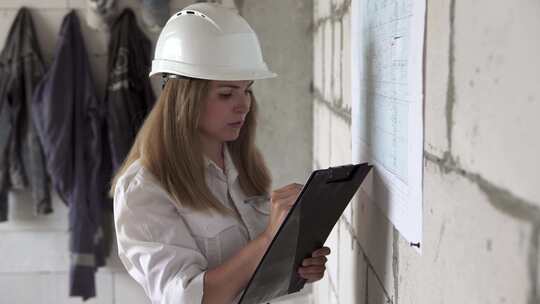 建筑工地的女工头检查蓝图。