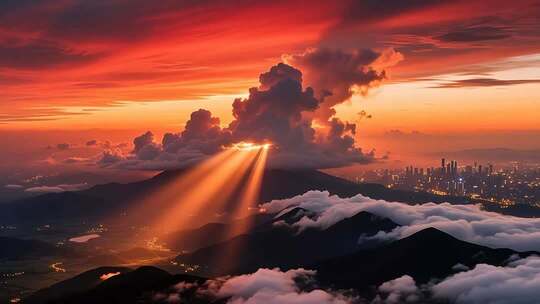 航拍落日晚霞延时 云 丁达尔效应4K