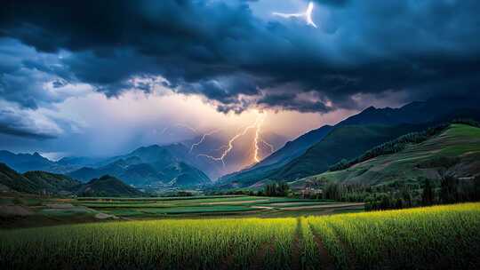 雷电下的多彩田与连绵山脉风景