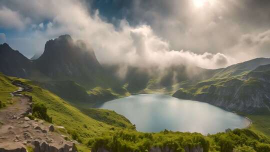 山间湖泊自然风光全景