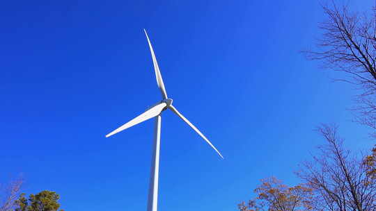风力涡轮机在阳光明媚的秋日运行。