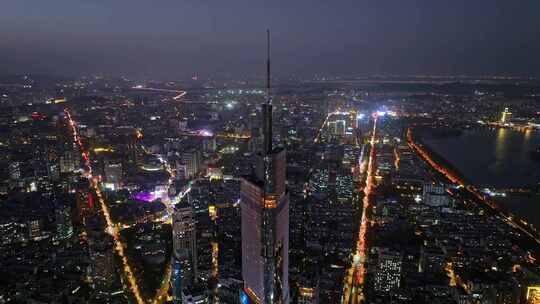 江苏南京CBD紫峰大厦建筑群夜景航拍