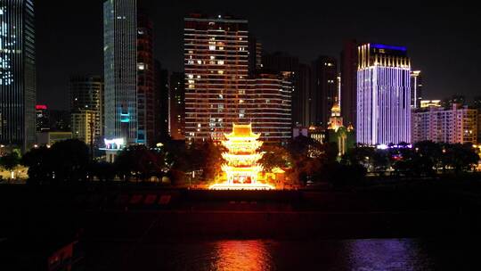 航拍湖北宜昌镇江阁夜景