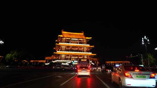 夜晚汽车窗外风景杜甫江阁长沙城市景点夜景