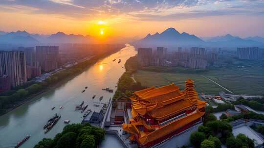 日落时分的古建筑与城市河流全景