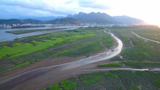 航拍闽江小岛果园茉莉花田沙洲湿地河汊白鹭