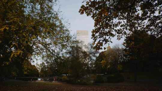 谢菲尔德大学校园秋季，西方公园，远处背景