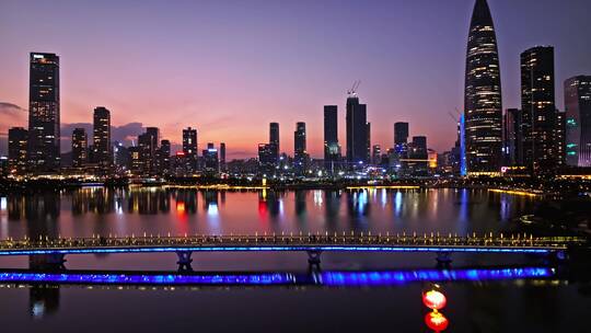 春节期深圳湾夜景地标城市风光、灯笼航拍