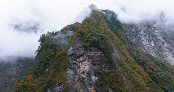 四川茂县秋季山峰彩林云雾缭绕山水画般风景