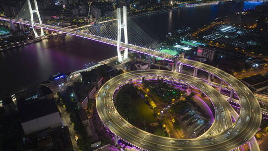 上海南浦大桥车流交通夜景航拍延时