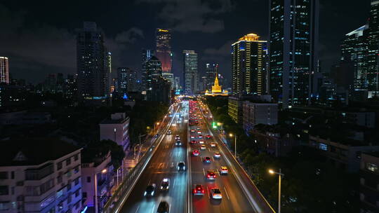 上海延安高架路车流夜景航拍