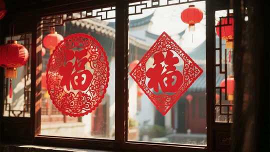 窗户上的春节福字与红灯笼