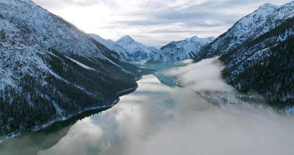 雪域高山森林湖泊景观航拍