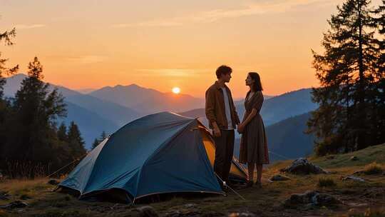 情侣户外露营对视场景