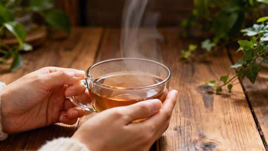 冬季双手捧热气腾腾茶杯温暖治愈视频