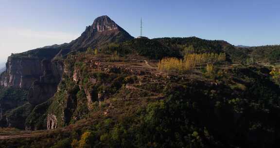 太行山峡谷山峰断崖金色杨树林航拍