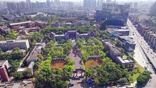 四川大学北门和教学楼学府广场白昼航拍