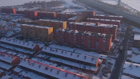 下雪后北方小城镇航拍空镜