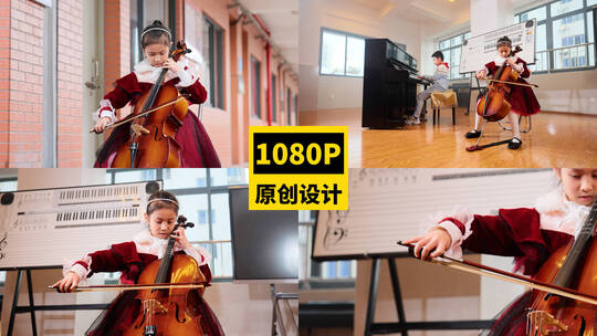 儿童弹奏钢琴与拉大提琴高清在线视频素材下载