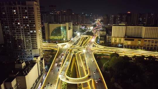 夜晚城市高架桥立交桥交通车流航拍