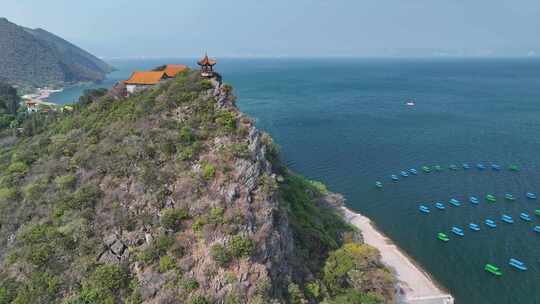 云南玉溪市抚仙湖禄充风景区笔架山航拍风光