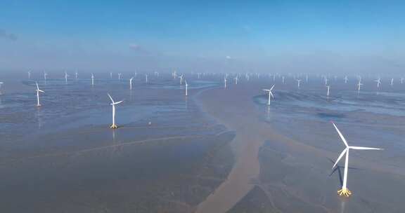 海上风力发电场风车航拍
