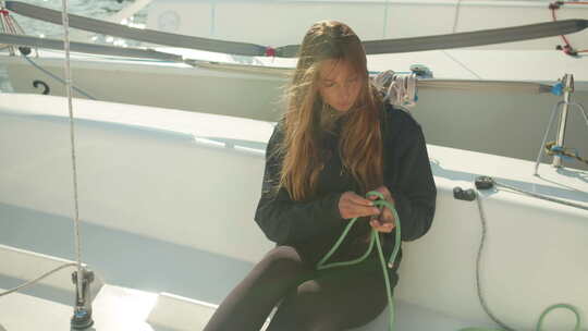 坐在运动游艇上，一个漂亮的女孩在河帆船赛前解开绳子
