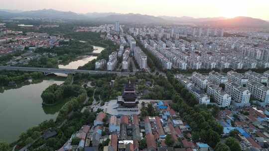 航拍山东潍坊青州古城夕阳晚霞