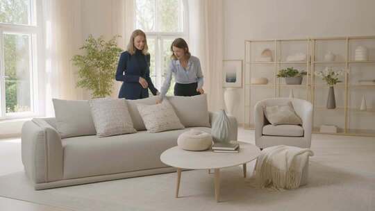 女性于客厅查看沙发家居