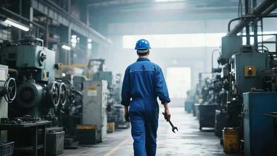 工人手持扳手穿行工厂车间