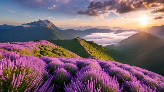 山间紫色花海与日落美景