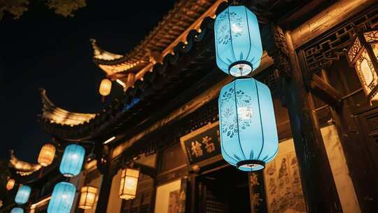 古风建筑挂饰灯笼夜景