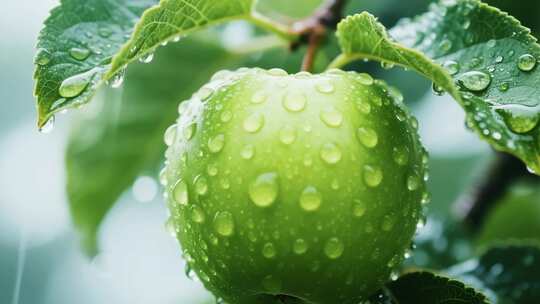 带水珠的青苹果特写