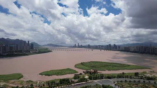 温州瓯江两岸高楼建筑蓝天白云航拍视频素材模板下载