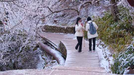 安徽黄山雪景游客游览行人人流视频素材