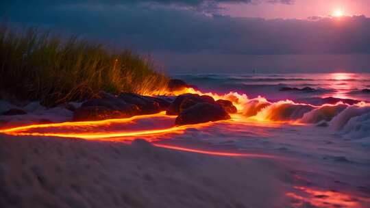 海滩夕阳下的奇幻发光海浪