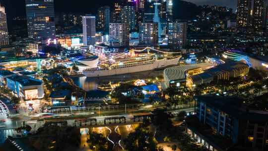 深圳南山蛇口海上世界夜景航拍延时视频素材模板下载