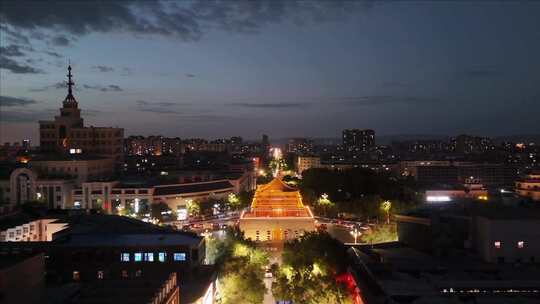 城市古建筑夜景俯瞰张掖钟鼓楼夜景