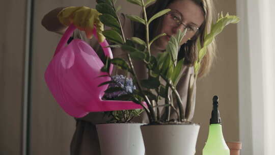 年轻女子在花盆里浇水绿色植物