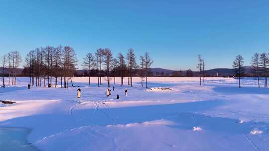 开阔雪地上有人在活动的景象