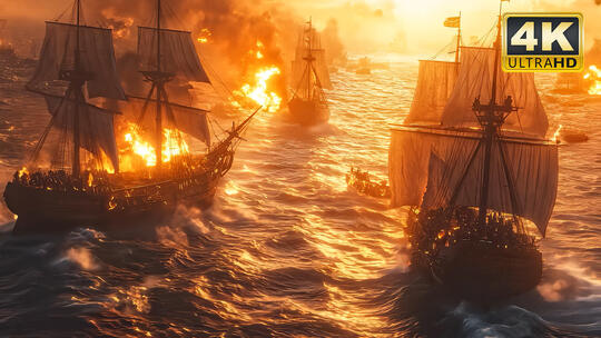 火光冲天战船燃烧战争战场废墟