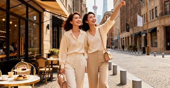 上海街头两位女性逛街指景