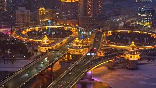 中国黑龙江哈尔滨城市夜晚雪景航拍