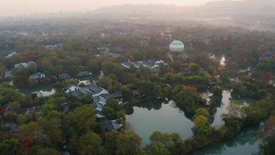 杭州西溪湿地公园深秋晨曦航拍