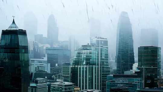 雨中城市的高楼大厦远景