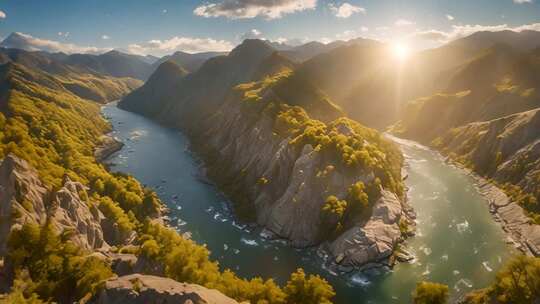 山川河流阳光风景俯瞰