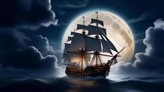 夜晚海洋明月帆船