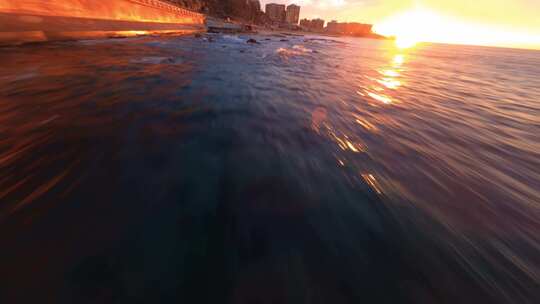 FPV无人机航拍大海日出阳光海浪海滩海岸