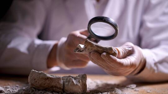 考古人员手捧文物用放大镜观察研究视频素材模板下载